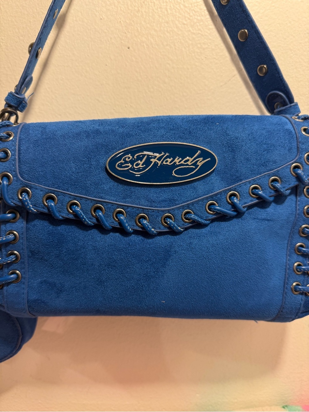 Ed Hardy Cobalt Blue Suede Shoulder Bag NWT